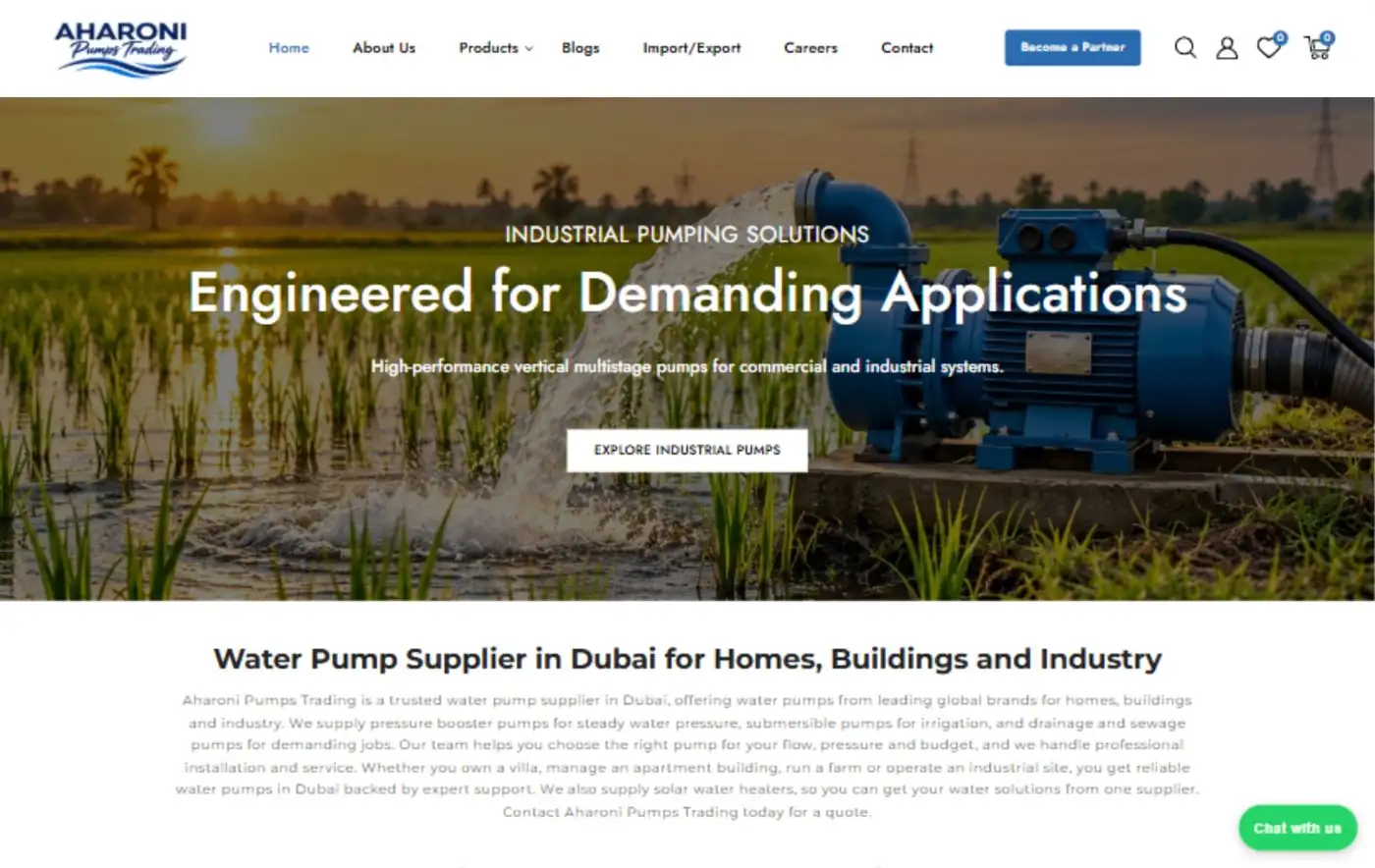 Aharoni Pumps desktop website view showing industrial pump catalog and category navigation.
