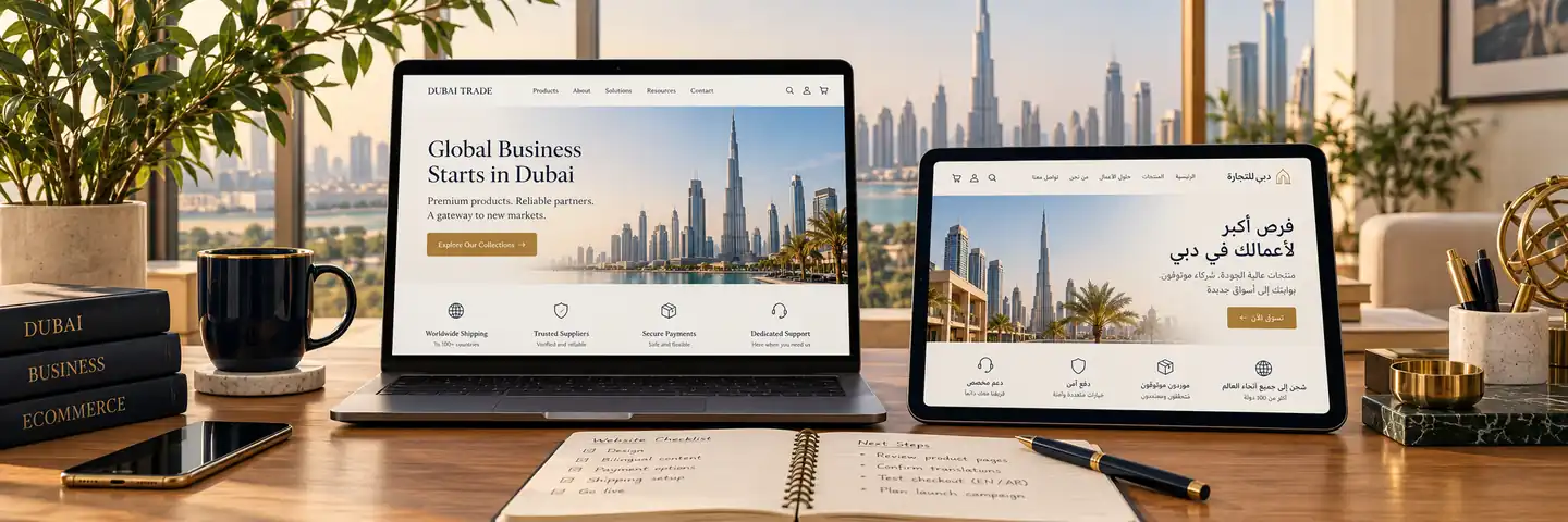 Conceptual workspace illustrating arabic and bilingual website development in dubai