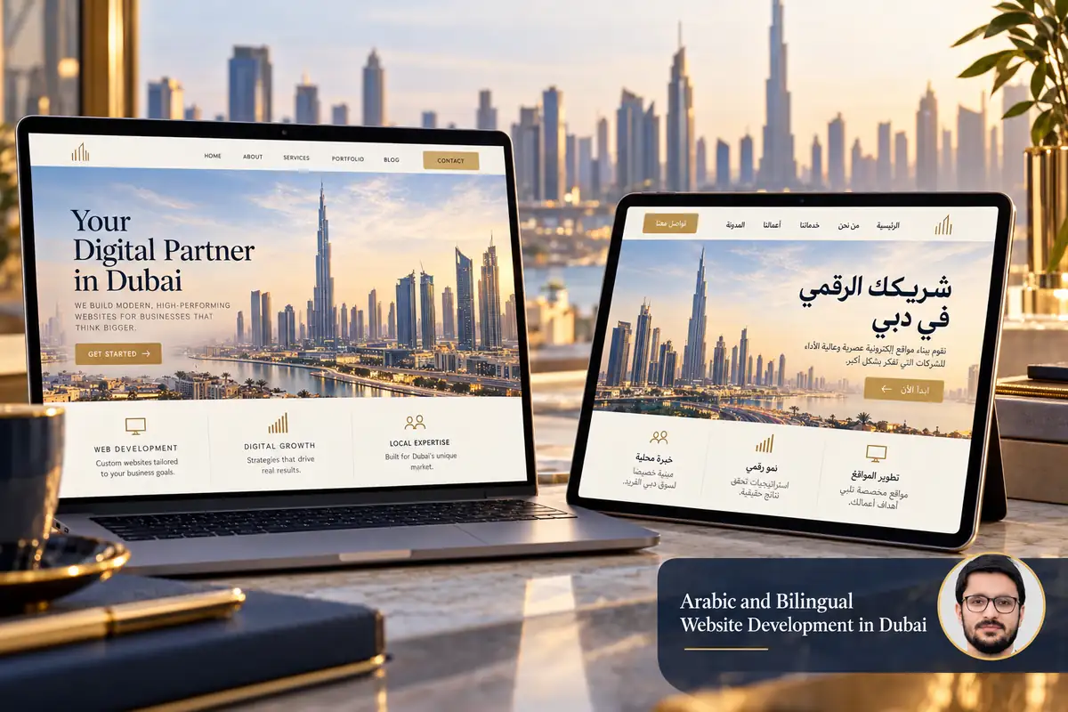 Arabic and Bilingual Website Development in Dubai — conceptual cover with Shahzad Khan’s circular portrait
