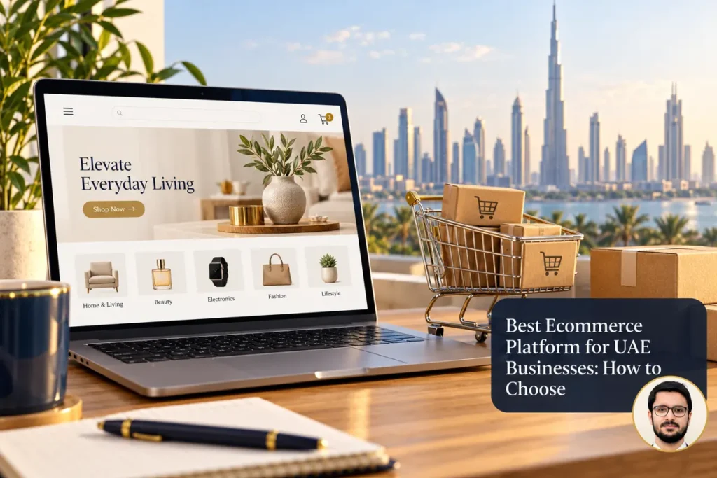 Best Ecommerce Platform for UAE Businesses: How to Choose — conceptual cover with Shahzad Khan’s circular portrait