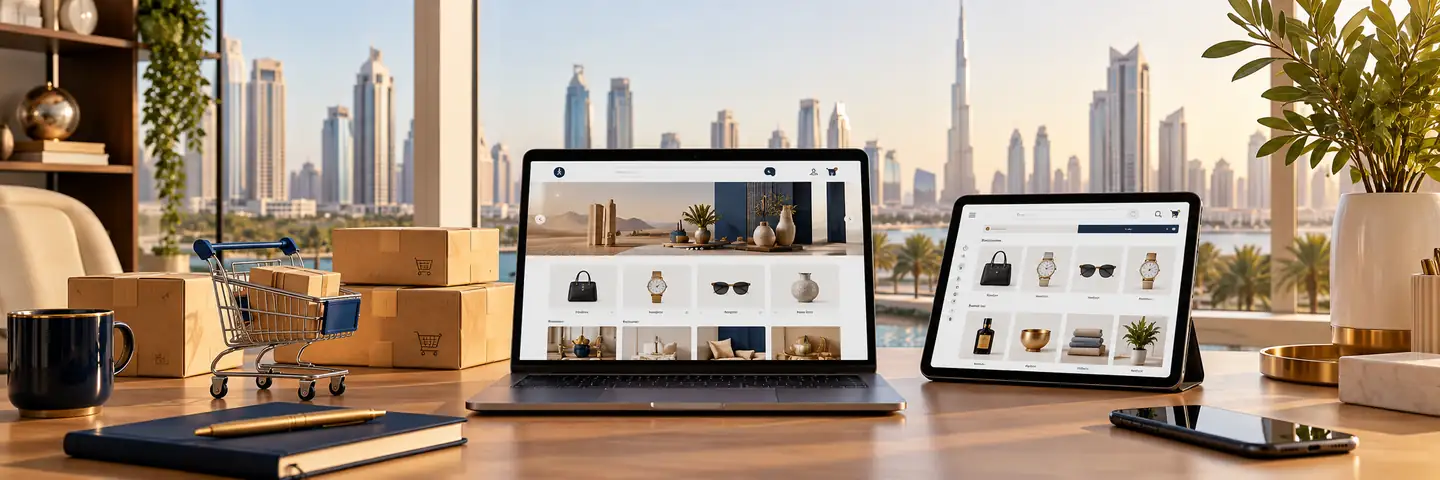 Conceptual workspace illustrating best ecommerce platform for uae businesses: how to choose