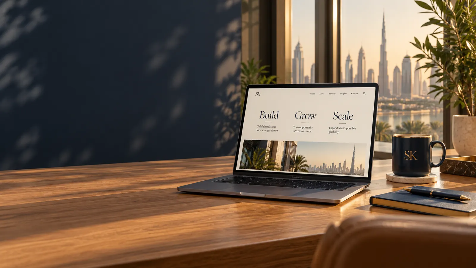 Laptop and notebook in a sunlit Dubai workspace