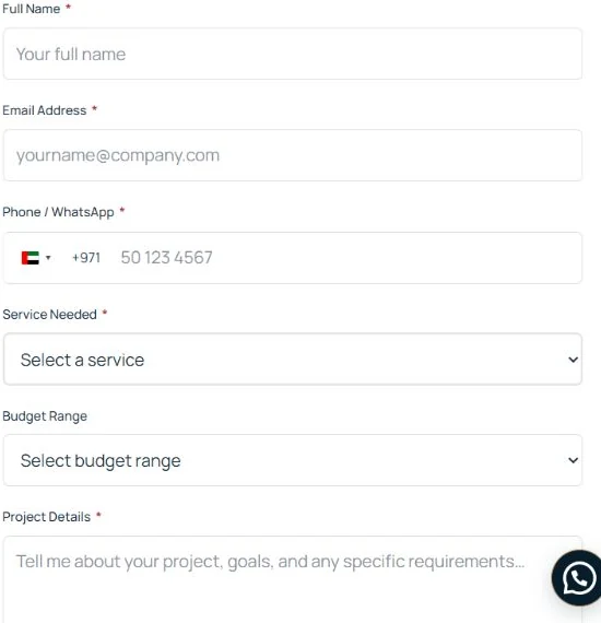 Empty ShahzadKhan.ae enquiry form with phone country selector, service dropdown and budget selection.