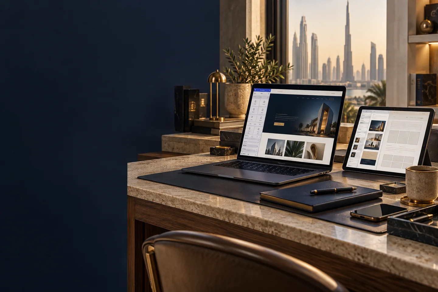 Laptop displaying a polished fictional services website with a discreet visual page-builder sidebar, tablet showing responsive page sections and modular layout planning.