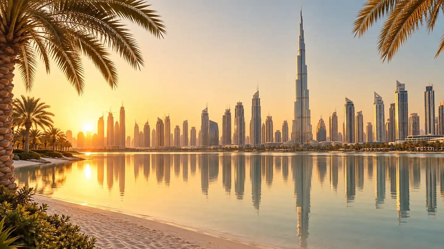 Dubai skyline and Burj Khalifa reflected in calm water at sunrise.