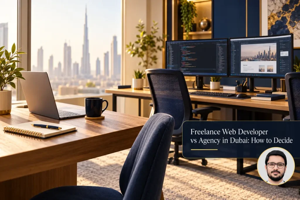Freelance Web Developer vs Agency in Dubai: How to Decide — conceptual cover with Shahzad Khan’s circular portrait