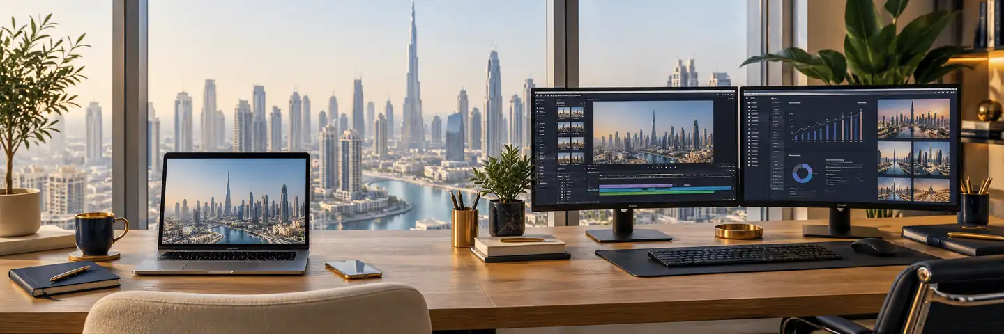 Conceptual workspace illustrating freelance web developer vs agency in dubai: how to decide