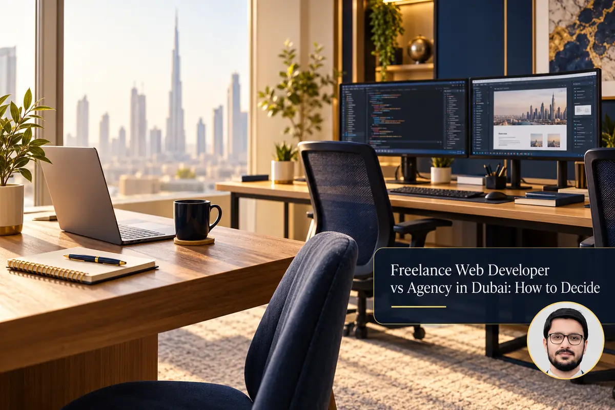 Freelance Web Developer vs Agency in Dubai: How to Decide — conceptual cover with Shahzad Khan’s circular portrait