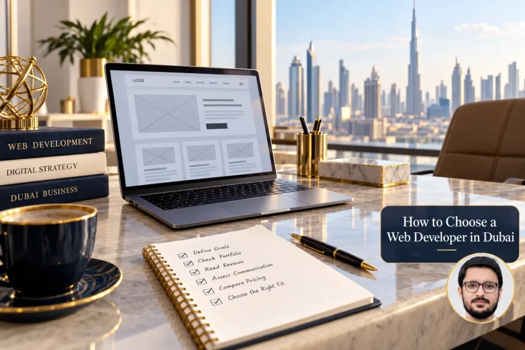 How to Choose a Web Developer in Dubai — conceptual cover with Shahzad Khan’s circular portrait