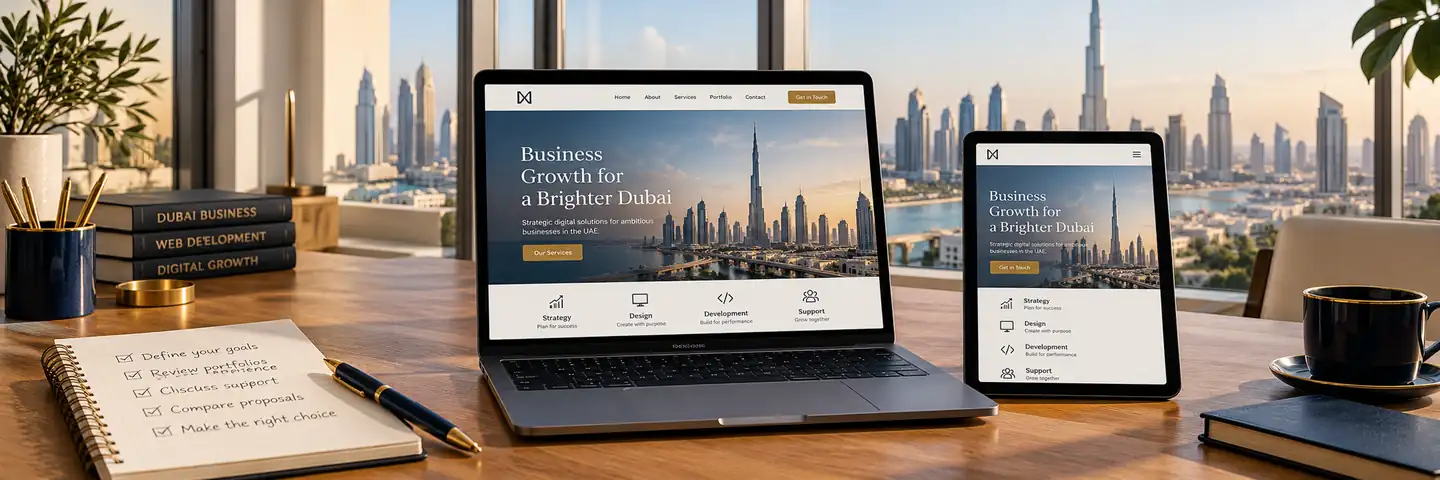 Conceptual workspace illustrating how to choose a web developer in dubai