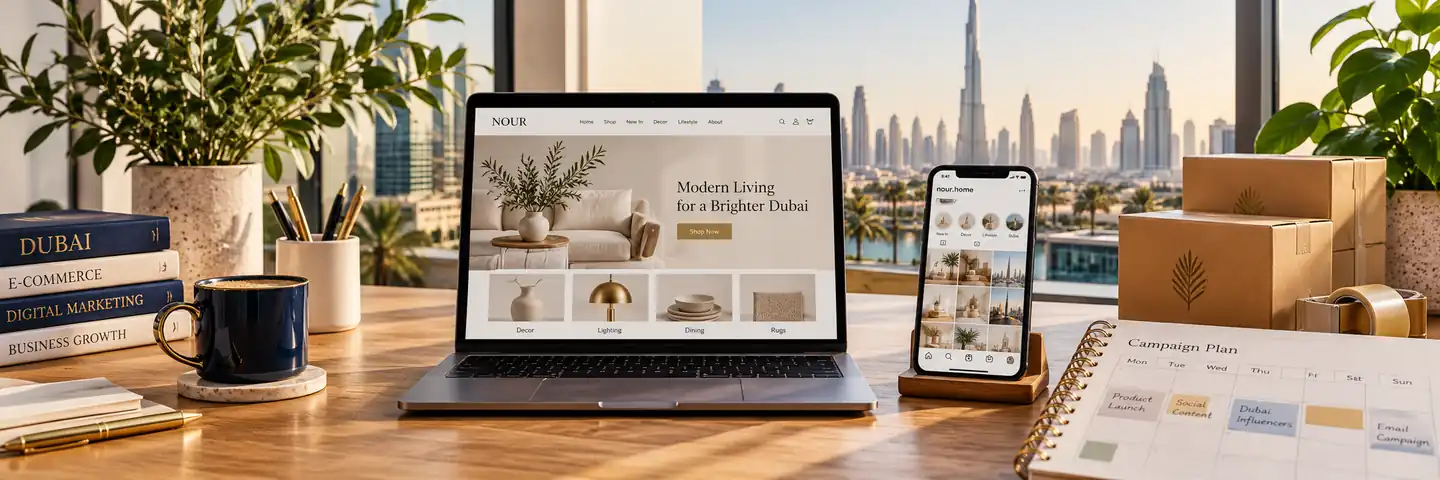 Conceptual workspace illustrating how to market an ecommerce store in dubai