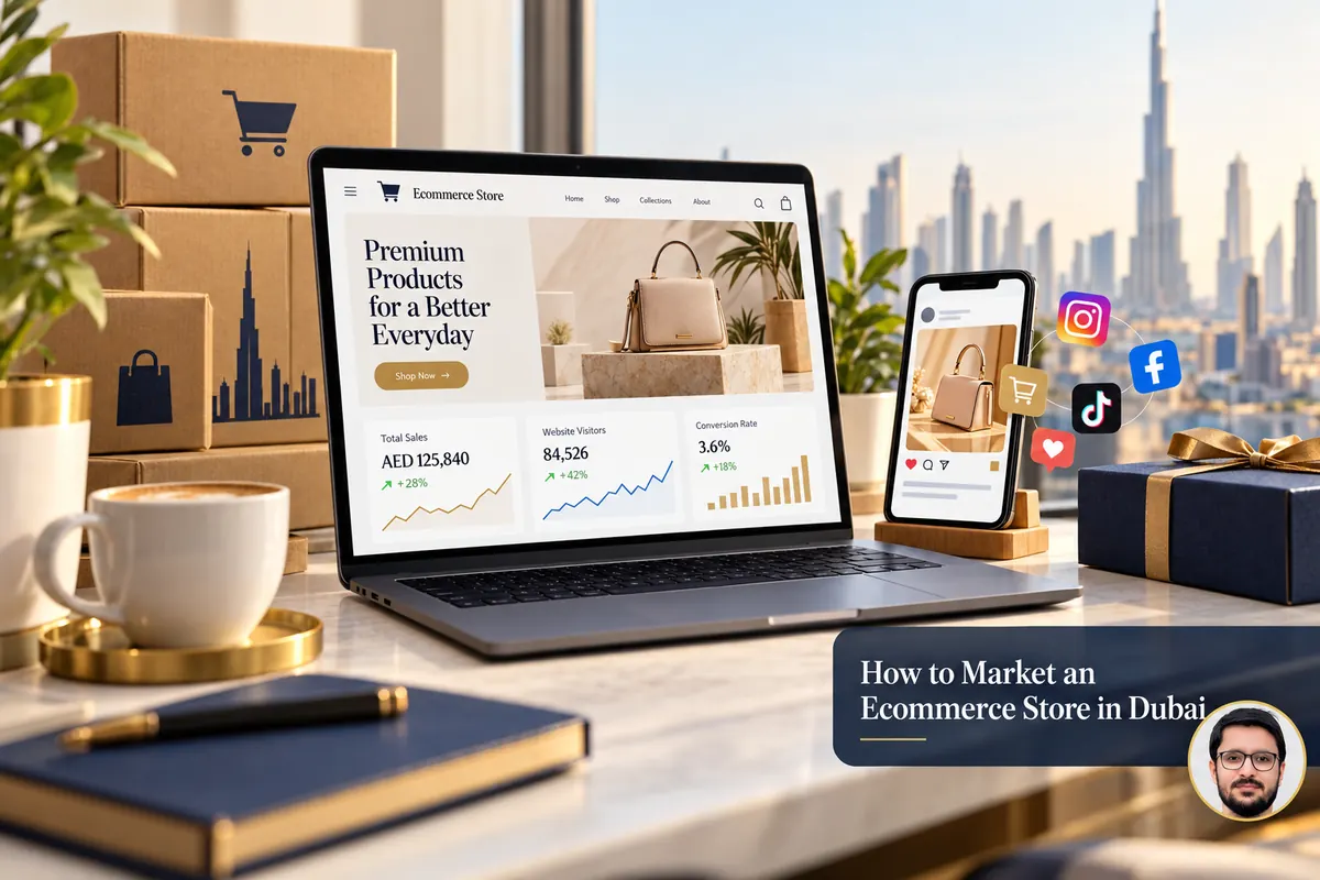 How to Market an Ecommerce Store in Dubai — conceptual cover with Shahzad Khan’s circular portrait