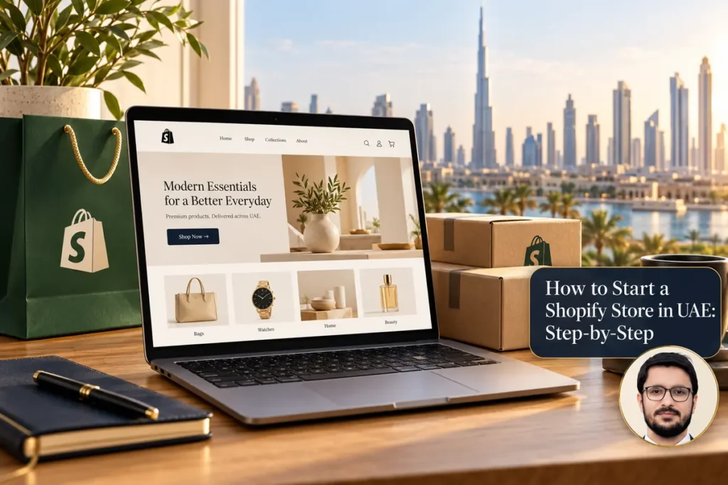 How to Start a Shopify Store in UAE: Step-by-Step — conceptual cover with Shahzad Khan’s circular portrait
