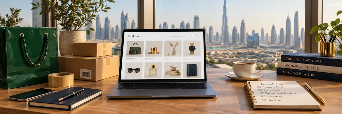 Conceptual workspace illustrating how to start a shopify store in uae: step-by-step