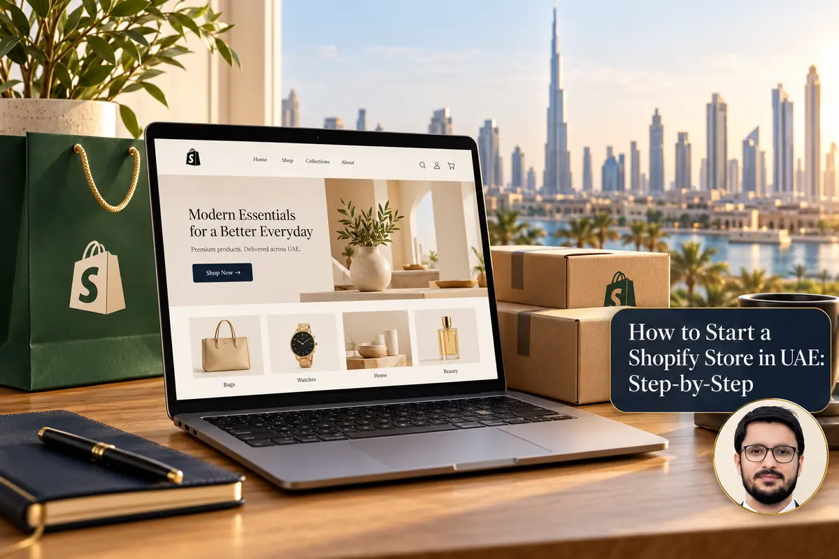 How to Start a Shopify Store in UAE: Step-by-Step — conceptual cover with Shahzad Khan’s circular portrait