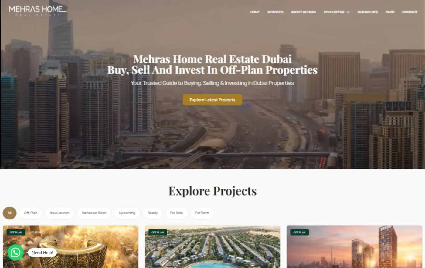 Mehras Real Estate desktop website view showing property projects and developer navigation.