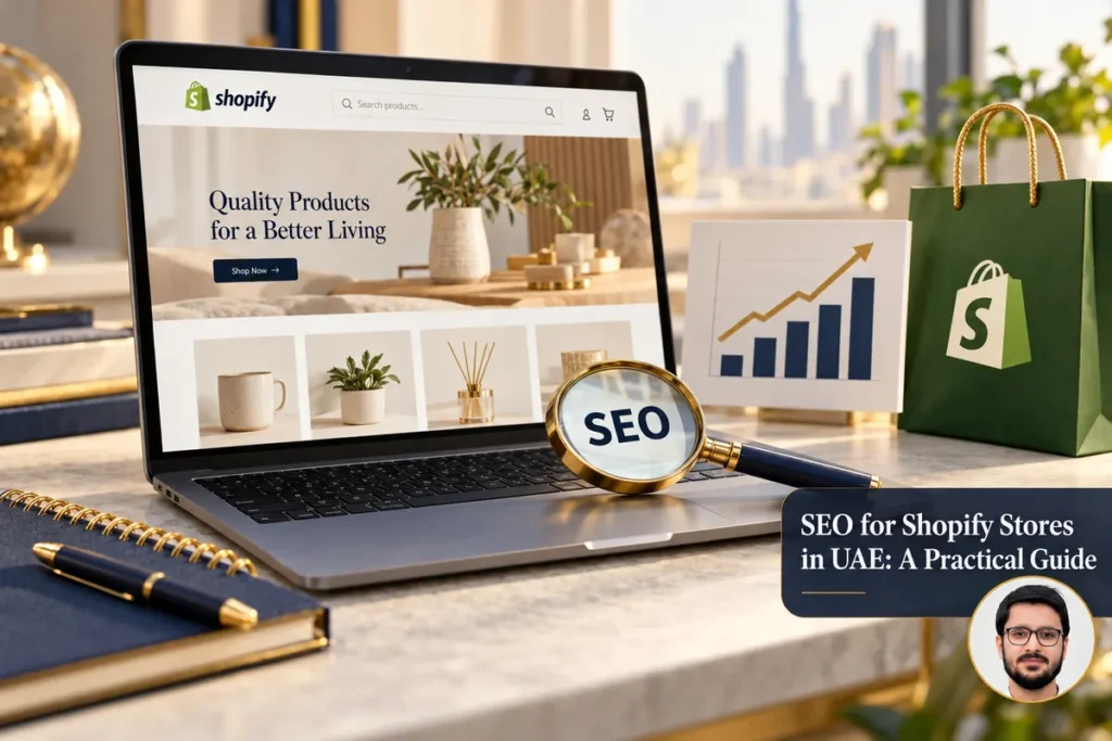 SEO for Shopify Stores in UAE: A Practical Guide — conceptual cover with Shahzad Khan’s circular portrait