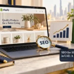 SEO for Shopify Stores in UAE: A Practical Guide — conceptual cover with Shahzad Khan’s circular portrait