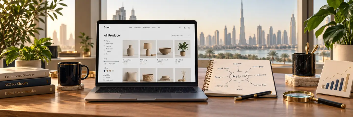 Conceptual workspace illustrating seo for shopify stores in uae: a practical guide