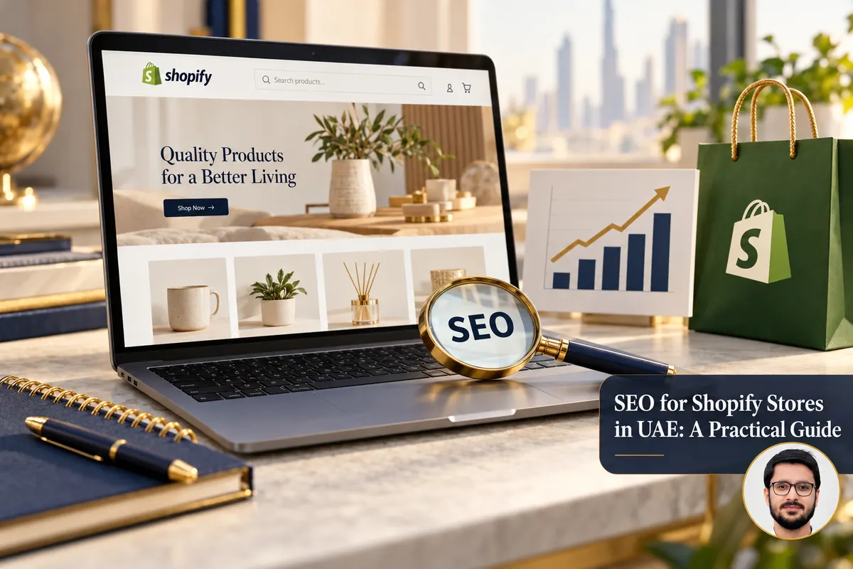 SEO for Shopify Stores in UAE: A Practical Guide — conceptual cover with Shahzad Khan’s circular portrait