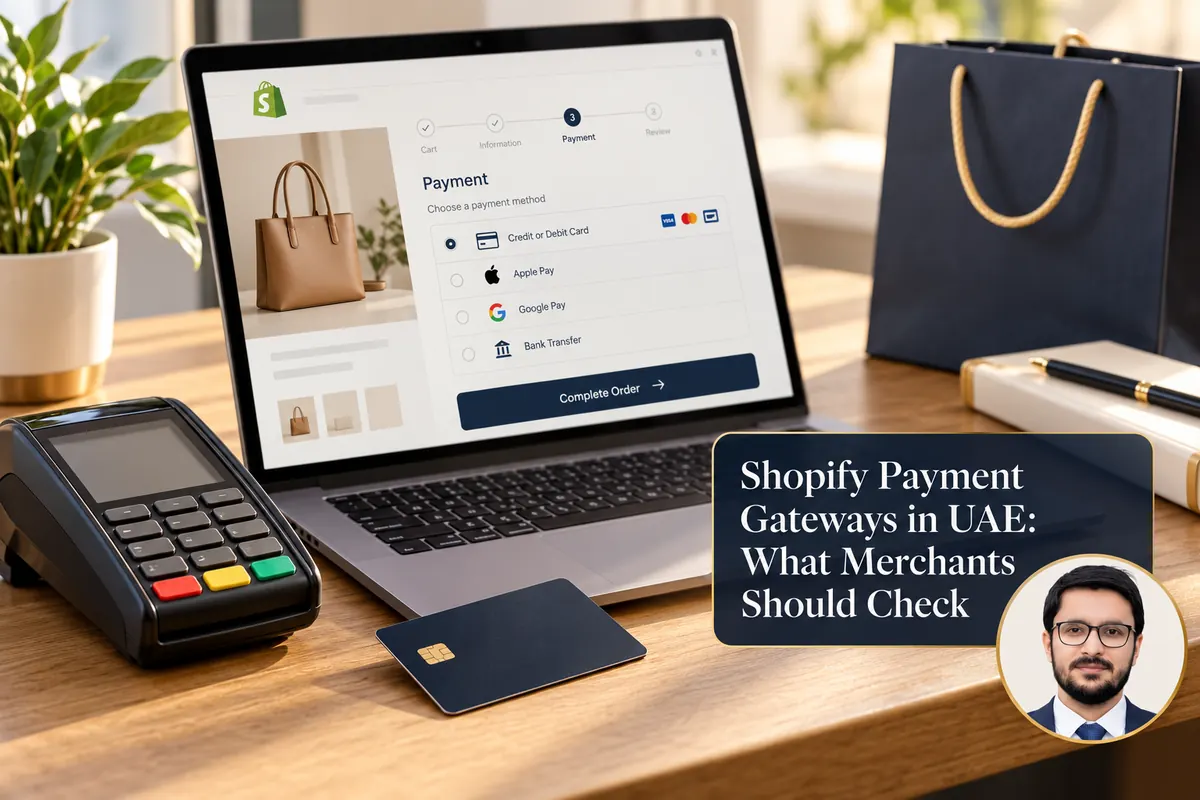 Shopify Payment Gateways in UAE: What Merchants Should Check — conceptual cover with Shahzad Khan’s circular portrait