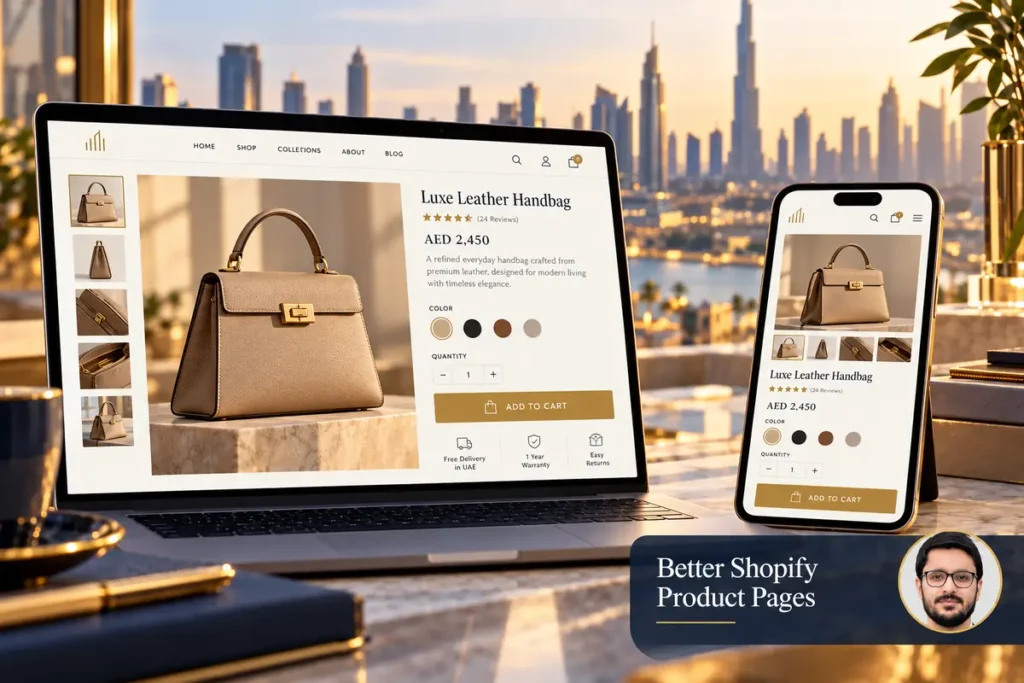 Better Shopify Product Pages: illustrated website workspace with Shahzad Khan's circular author portrait