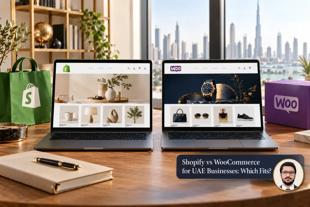 Shopify vs WooCommerce for UAE Businesses: Which Fits? — conceptual cover with Shahzad Khan’s circular portrait