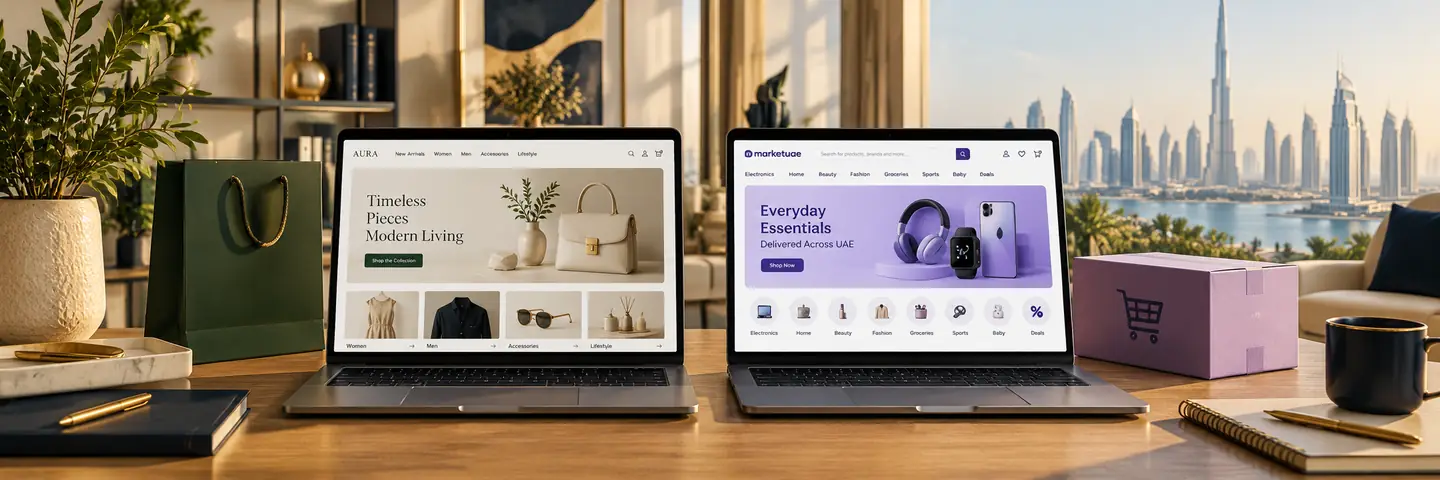 Conceptual workspace illustrating shopify vs woocommerce for uae businesses: which fits?