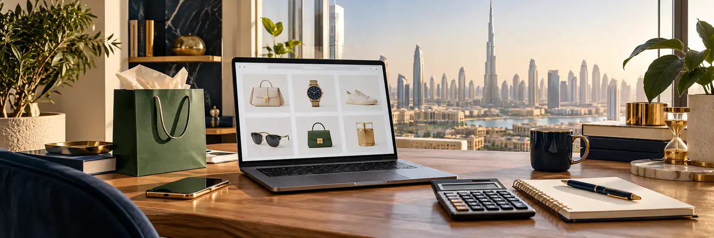 Conceptual workspace illustrating shopify website cost in dubai: what to budget for