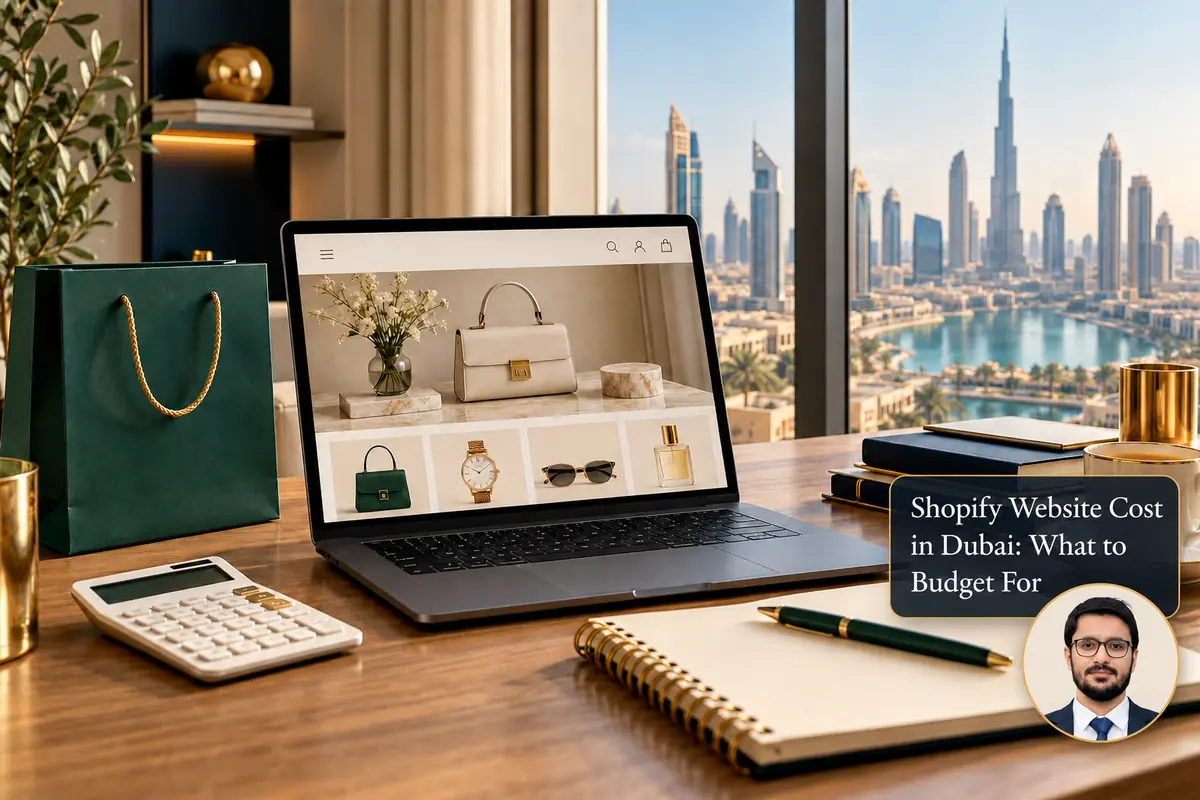 Shopify Website Cost in Dubai: What to Budget For — conceptual cover with Shahzad Khan’s circular portrait