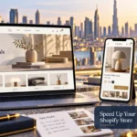 Speed Up Your Shopify Store: illustrated website workspace with Shahzad Khan's circular author portrait