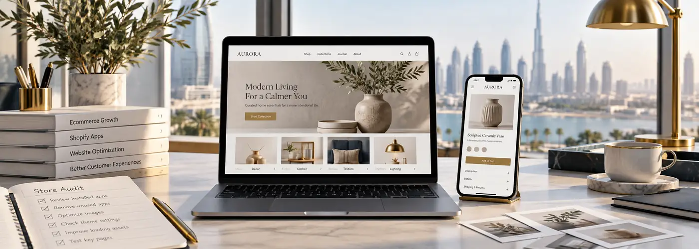 Editorial workspace illustrating speed up your shopify store
