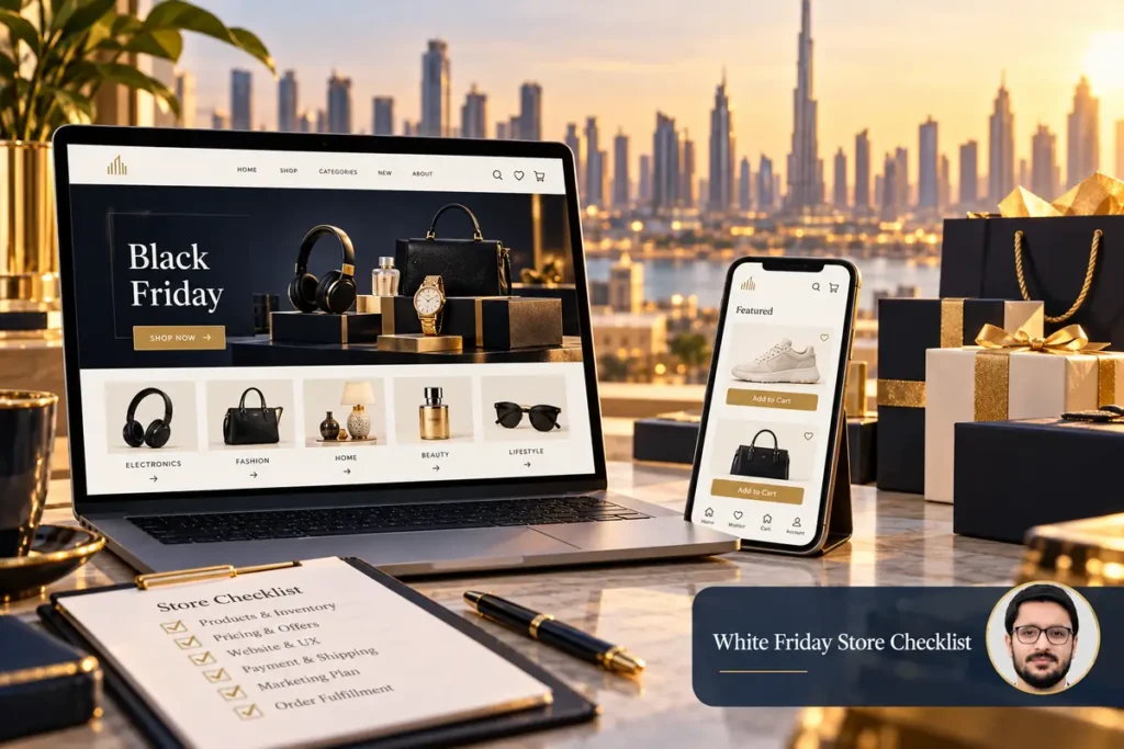 White Friday Store Checklist: illustrated website workspace with Shahzad Khan's circular author portrait