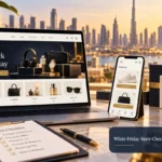 White Friday Store Checklist: illustrated website workspace with Shahzad Khan's circular author portrait