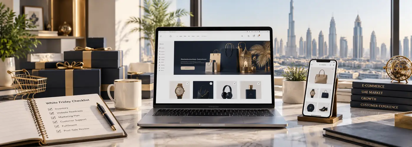 Editorial workspace illustrating white friday store checklist