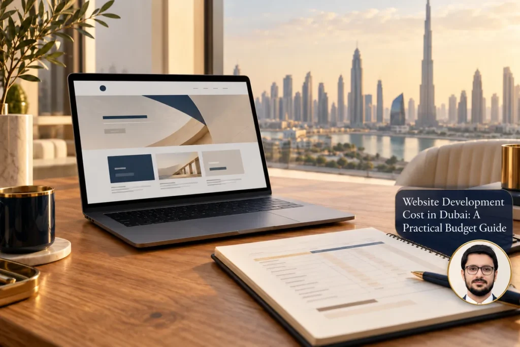 Website Development Cost in Dubai: A Practical Budget Guide — conceptual cover with Shahzad Khan’s circular portrait