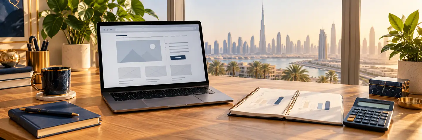 Conceptual workspace illustrating website development cost in dubai: a practical budget guide