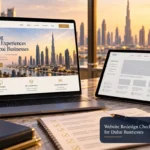 Conceptual website redesign planning desk in Dubai, with a laptop, wireframe tablet, checklist and Shahzad Khan’s circular author portrait.