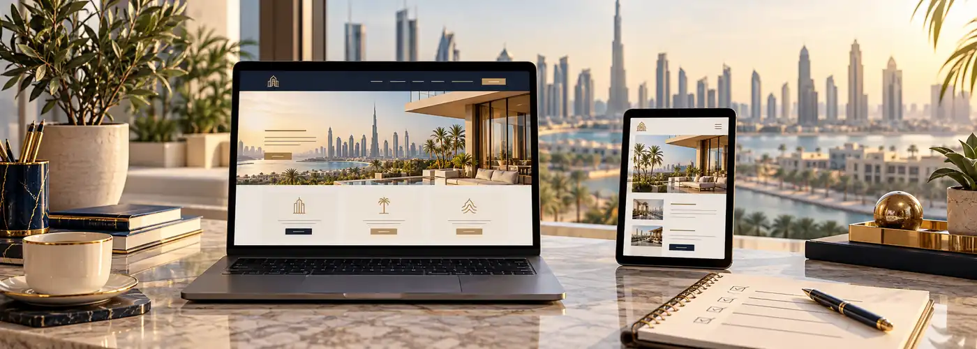 Conceptual laptop and tablet displaying responsive business website layouts beside a planning checklist in a Dubai office.