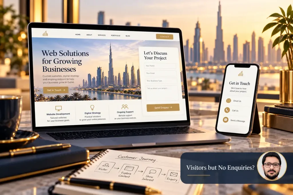 Visitors but No Enquiries?: illustrated website workspace with Shahzad Khan's circular author portrait