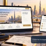 Visitors but No Enquiries?: illustrated website workspace with Shahzad Khan's circular author portrait