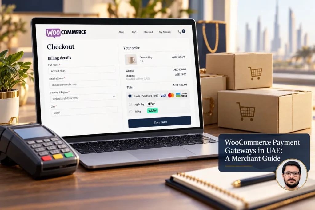 WooCommerce Payment Gateways in UAE: A Merchant Guide — conceptual cover with Shahzad Khan’s circular portrait