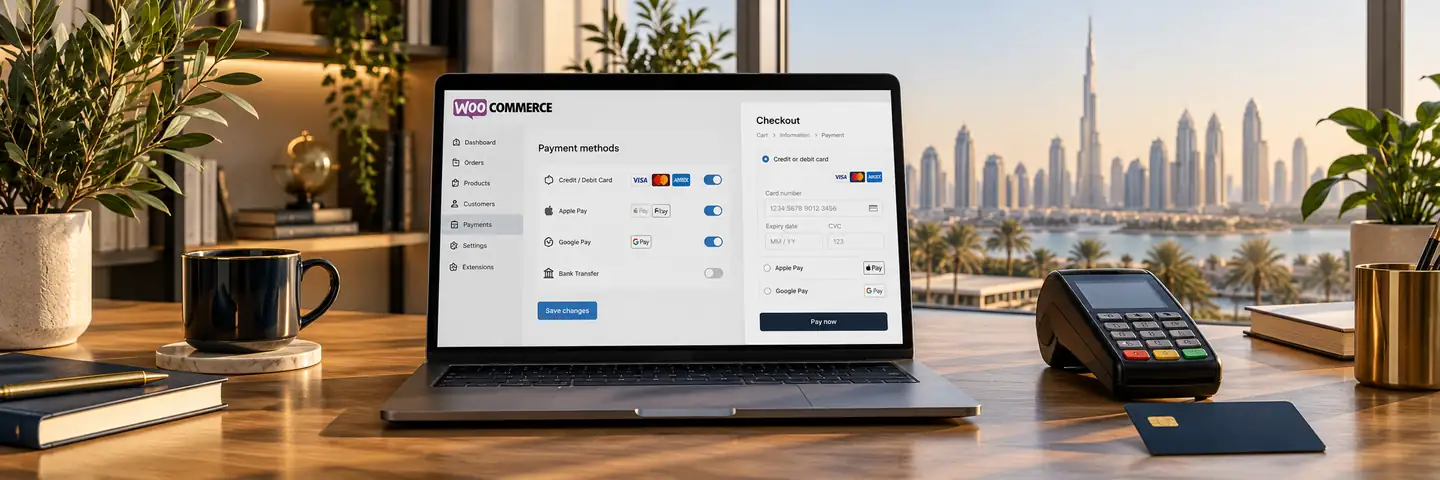 Conceptual workspace illustrating woocommerce payment gateways in uae: a merchant guide