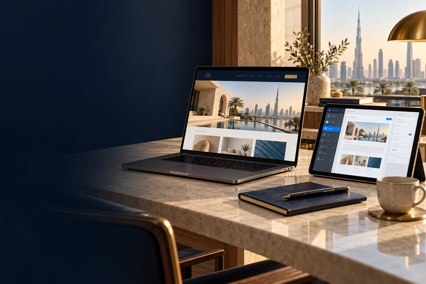 Laptop and tablet displaying a fictional business website and visual page layout editor.