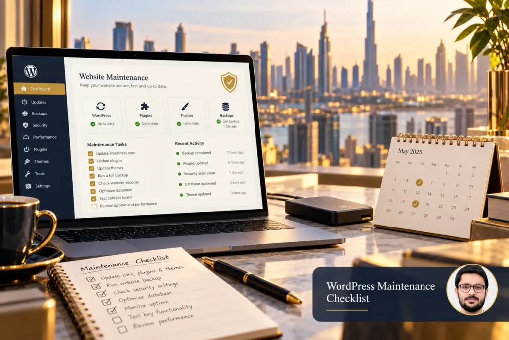 WordPress Maintenance Checklist: illustrated website workspace with Shahzad Khan's circular author portrait