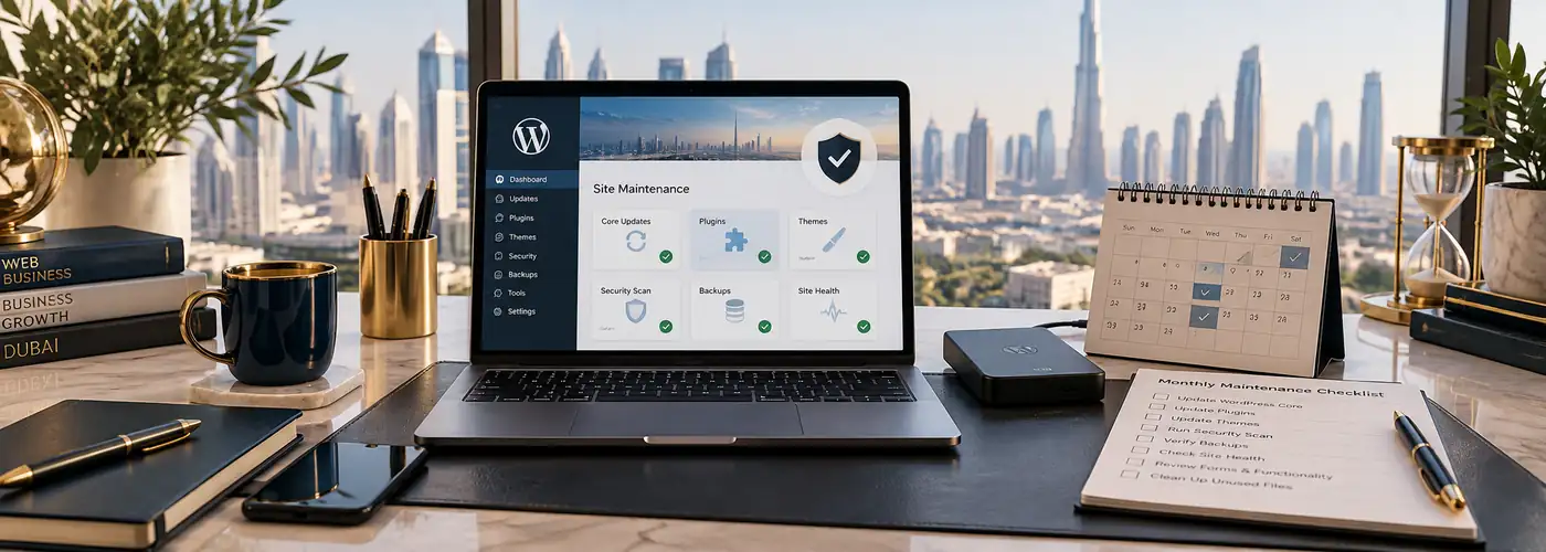 Editorial workspace illustrating wordpress maintenance checklist