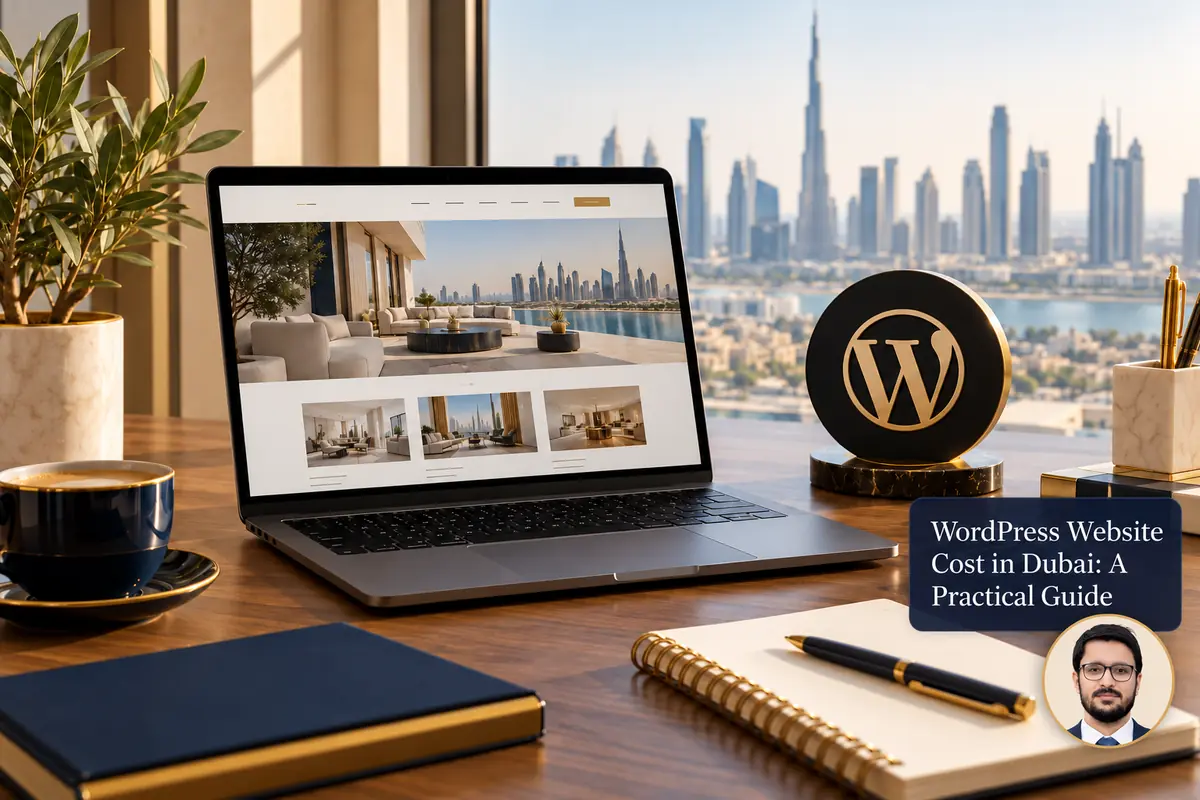 WordPress Website Cost in Dubai: A Practical Guide — conceptual cover with Shahzad Khan’s circular portrait