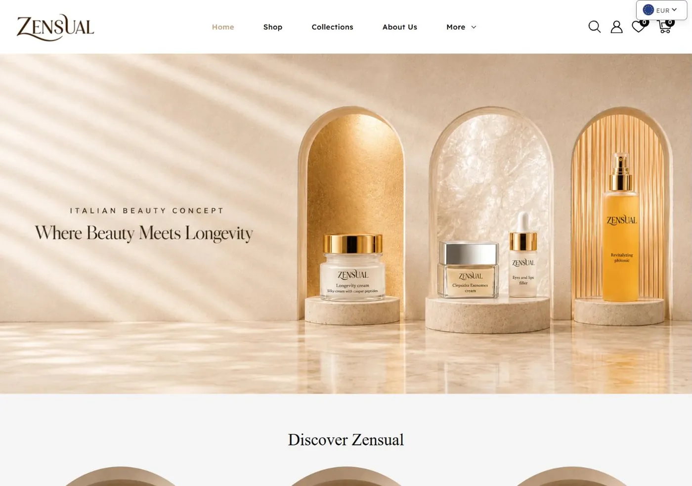 Zensual Cosmetics desktop website view showing skincare products and collection navigation.