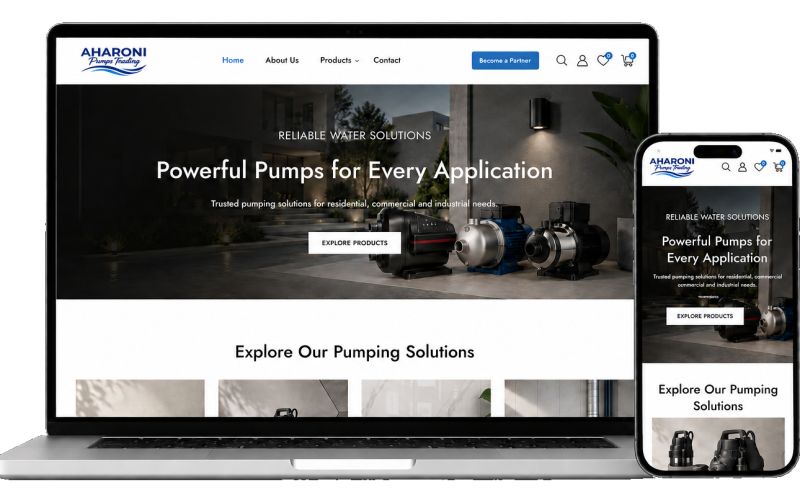 Aharoni Pumps Shopify store displayed on laptop and mobile