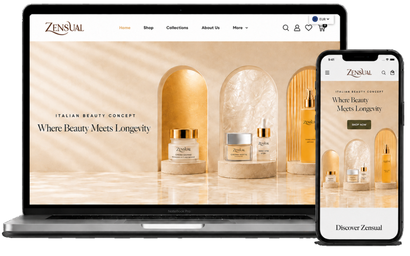 Zensual Cosmetics Shopify store displayed on laptop and mobile